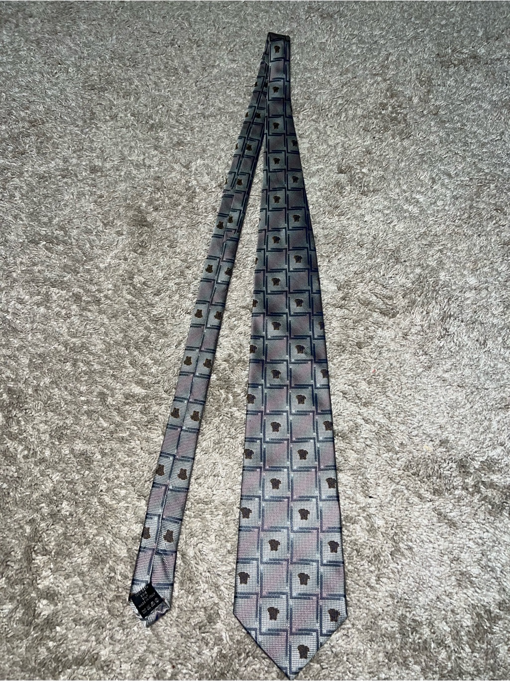 Vintage Versace Silver Gray Geometric Pattern Tie
